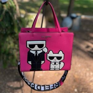 Karl Lagerfeld Pink Tote with Graphic Design guitar strap and coin pouch NWT